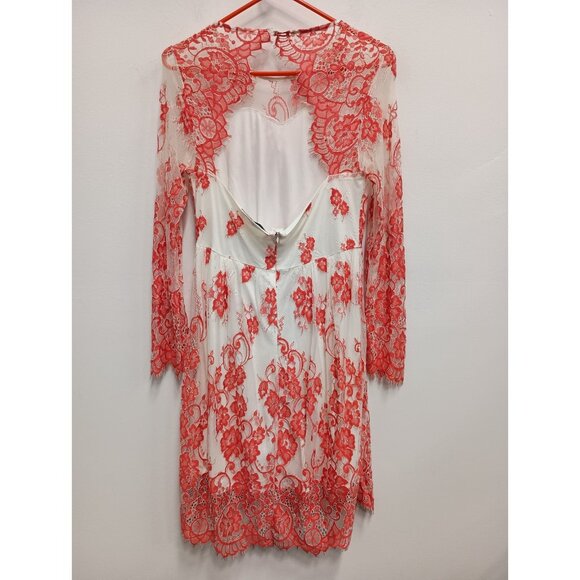 Cassie Mclean Womens Fairy Romantic Midi Dress Medium Red Nude Lace Open Back - Picture 3 of 8